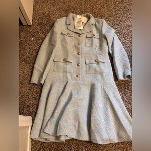 Fehaute Elegant Light Blue Tweed Coat Dress